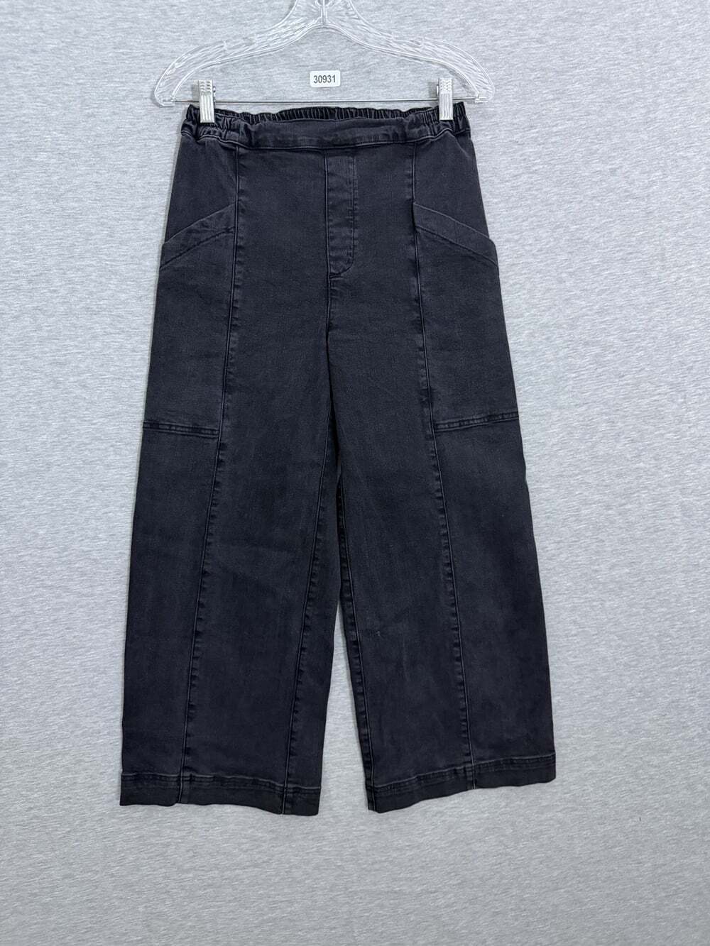 Lisa Bayne Women's Medium Petite Black Denim Utility Wide Leg High Rise Pants